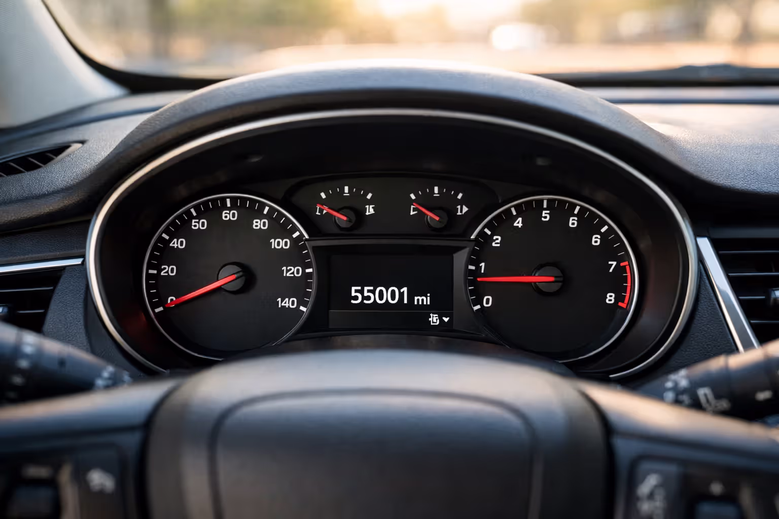 Car odometer displaying 55000 miles representing the ideal mileage sweet spot for used vehicle purchases