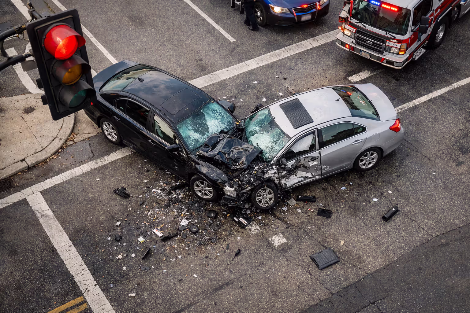 Severe T-bone car collision at intersection with red traffic light showing why minimum liability coverage is insufficient