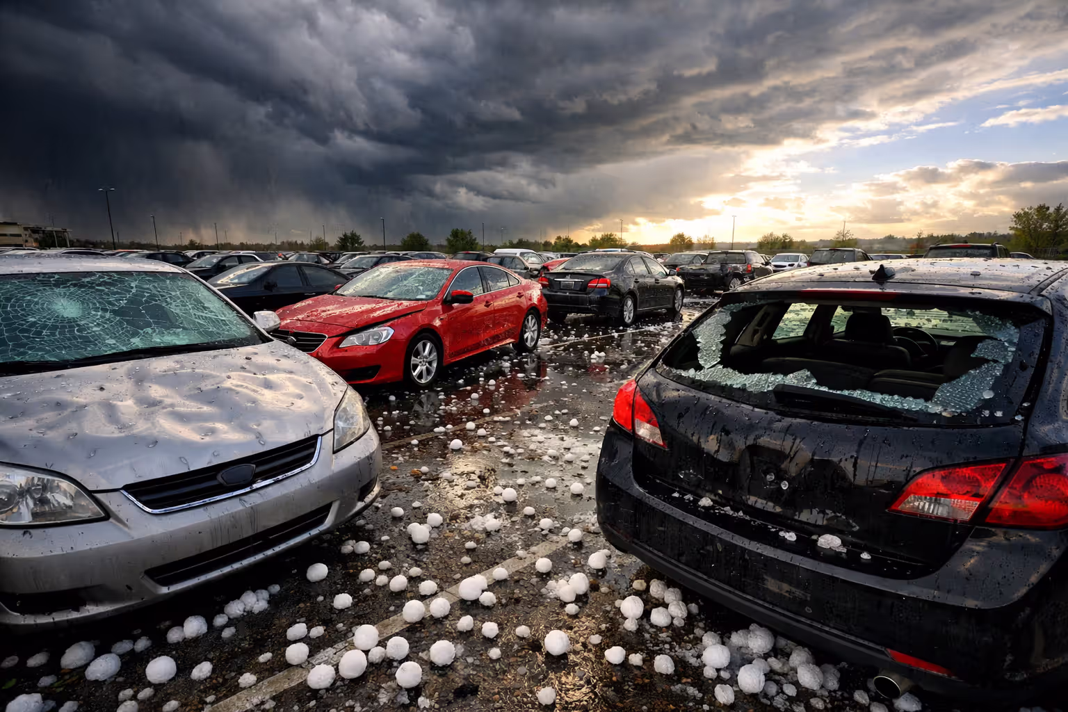 Cars with hail damage in parking lot showing dented hoods and cracked windshields after severe storm