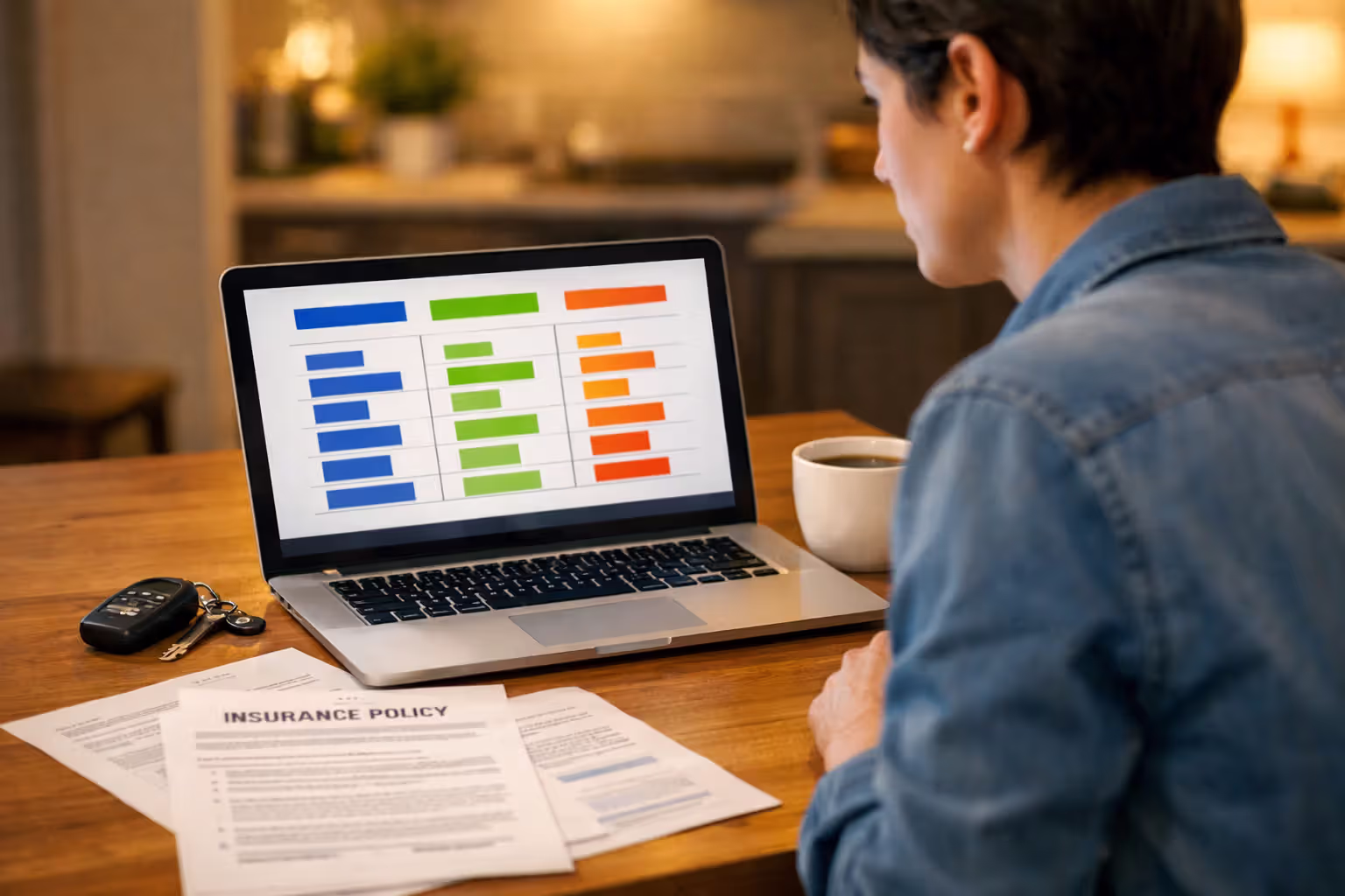 Person comparing auto insurance coverage options on laptop with policy documents on table