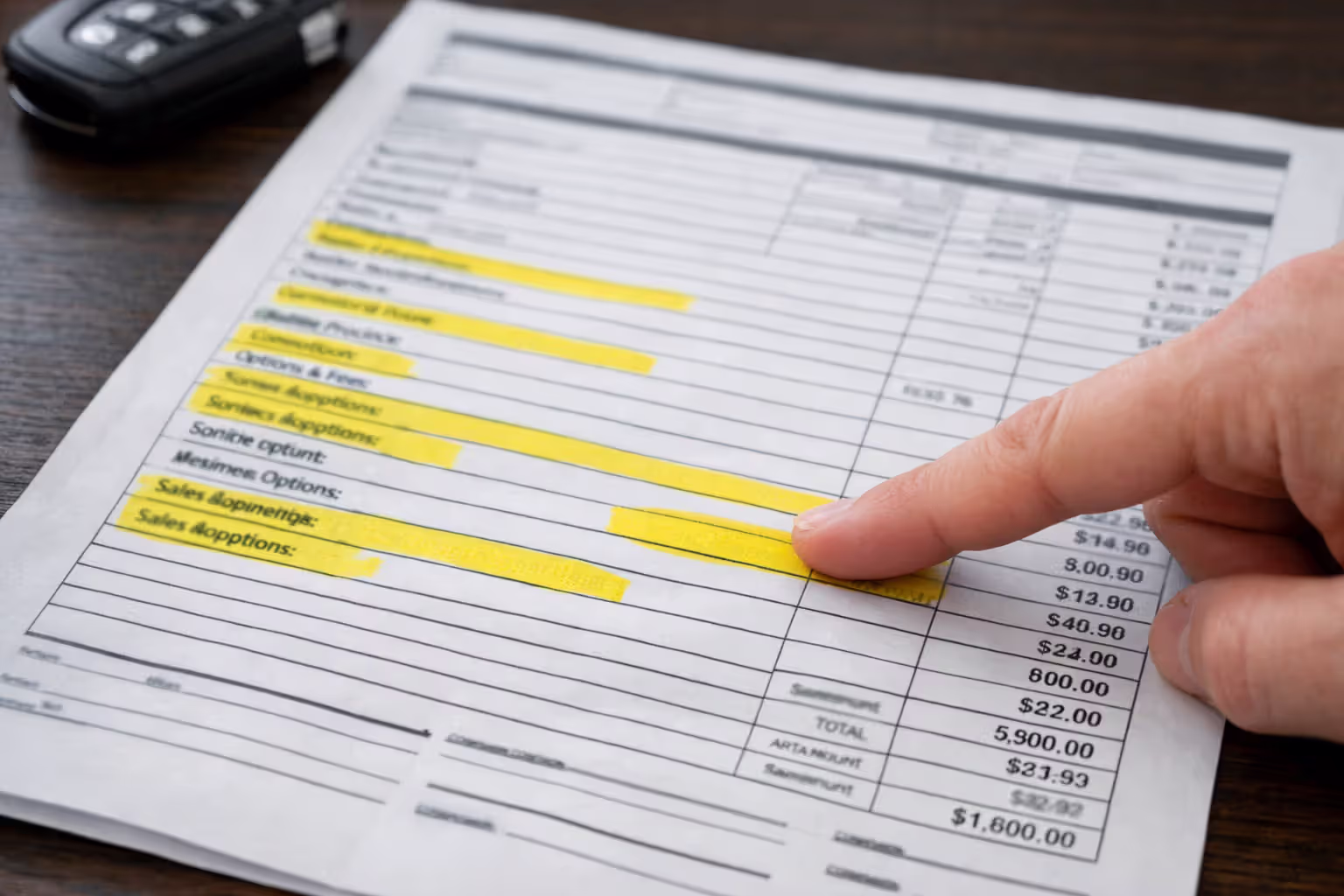 Highlighted car dealership invoice showing hidden fees, taxes, warranty charges, and dealer add-ons