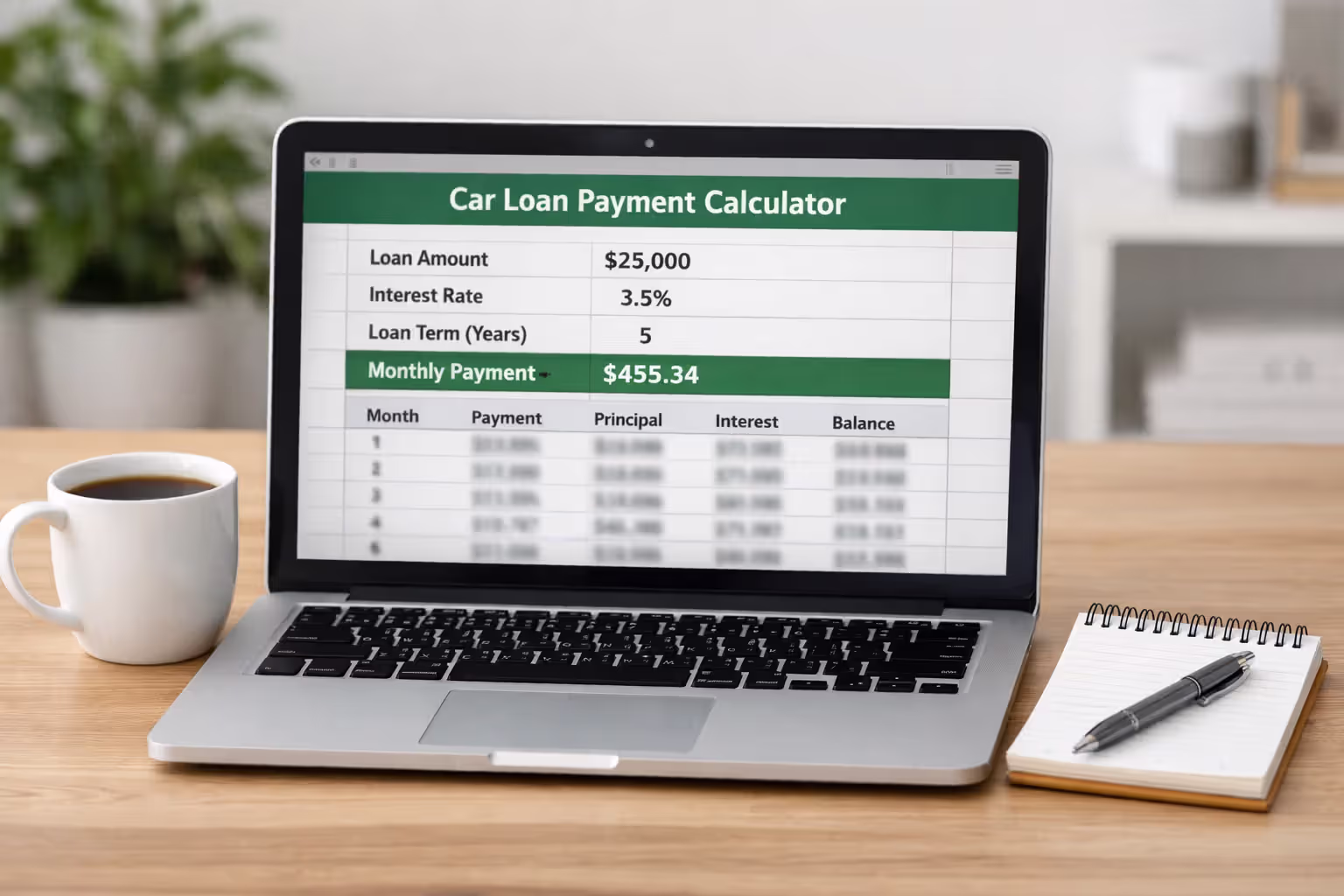 Laptop displaying a car loan payment calculator spreadsheet in a modern home office setting