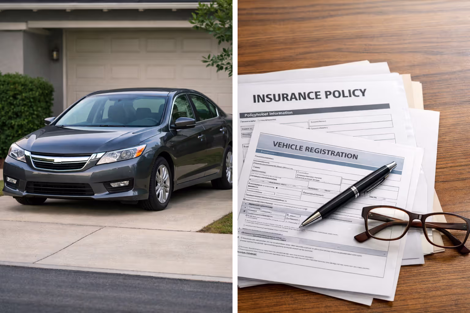 Parked car in driveway next to insurance policy documents and registration papers on desk