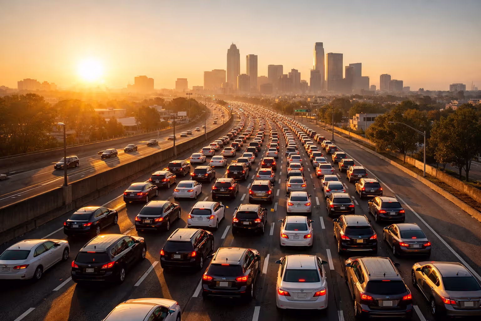 Bumper-to-bumper commuter traffic on multi-lane highway during morning rush hour with city skyline