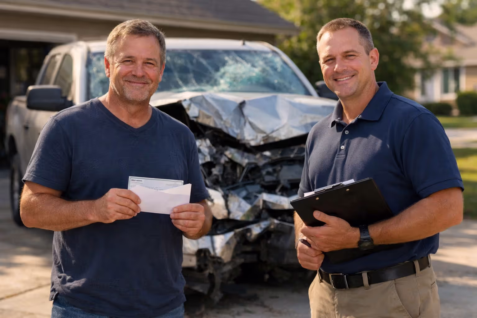 Relieved man receiving insurance check from adjuster next to totaled pickup truck in suburban driveway