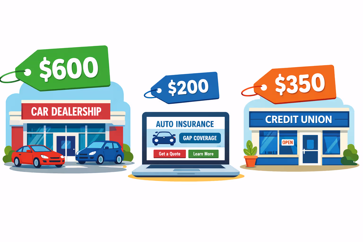 Three gap insurance purchase options compared — dealership, online auto insurer, and credit union with price tags