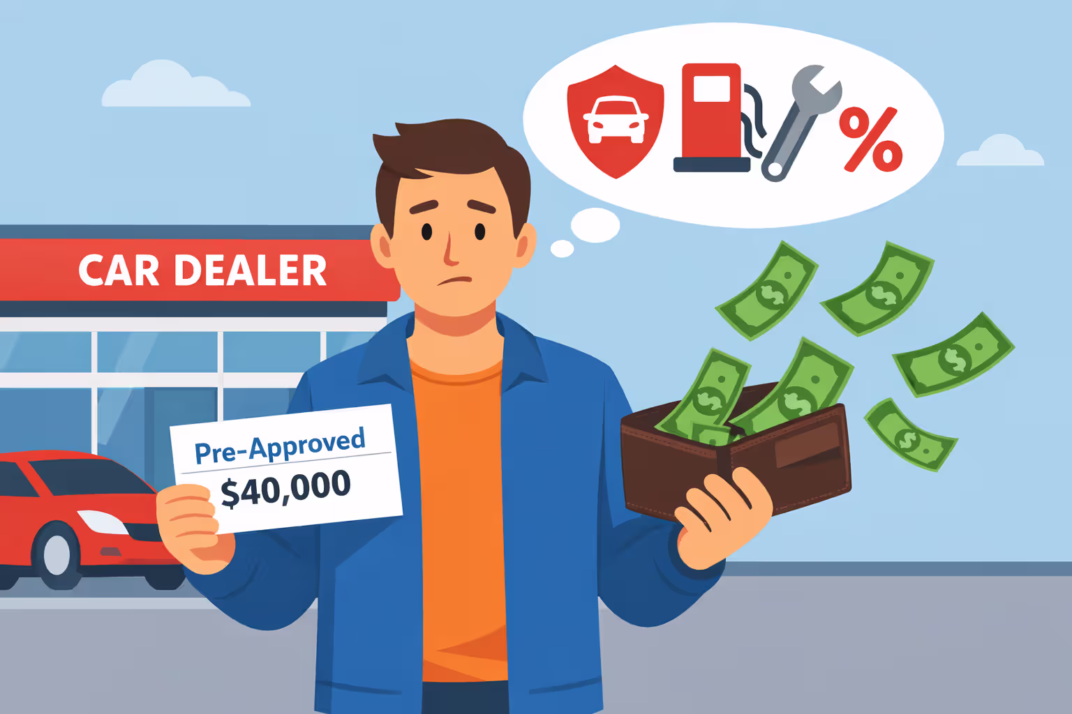 Person holding a pre-approval letter outside a car dealership with thought bubble showing hidden costs like insurance fuel maintenance and interest