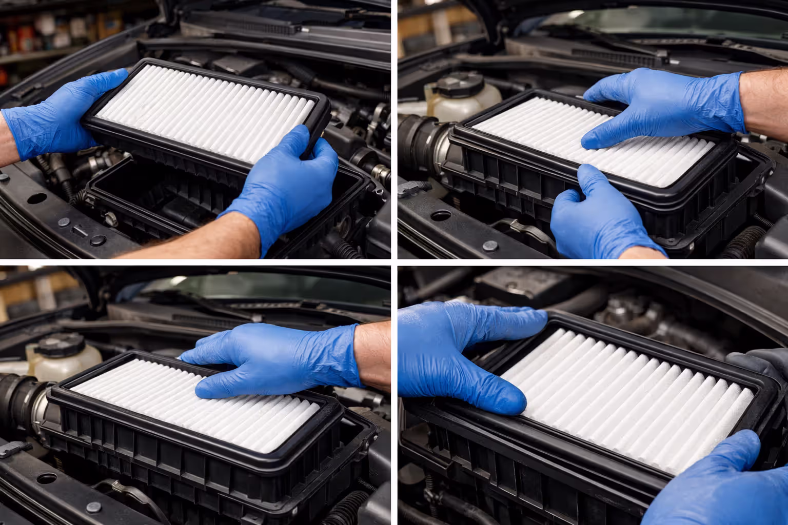 Hands in blue nitrile gloves inserting a new white rectangular air filter into an open black plastic air filter housing in an engine bay