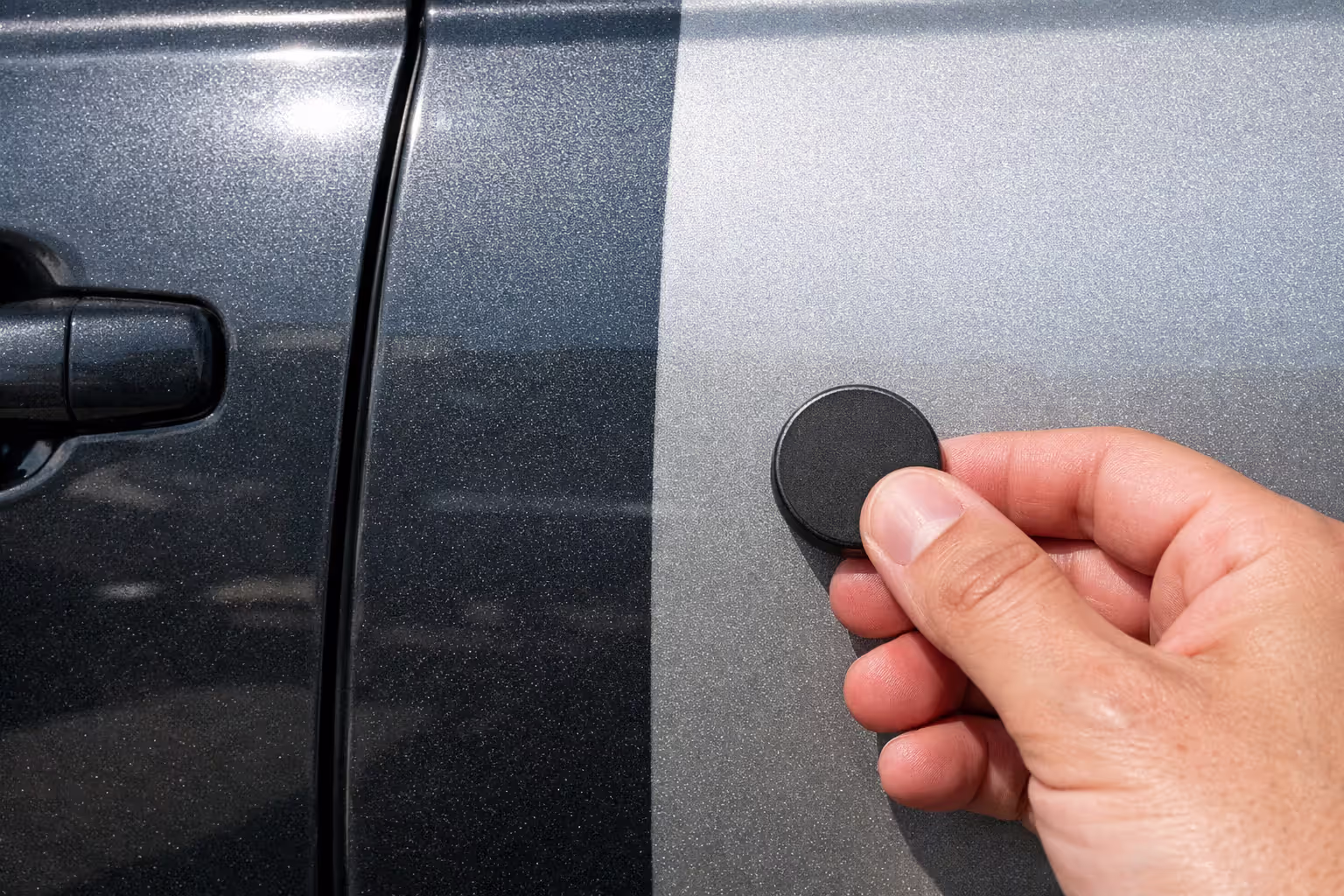 Close-up of a car body panel showing paint color mismatch between door and fender with a magnet held against the surface