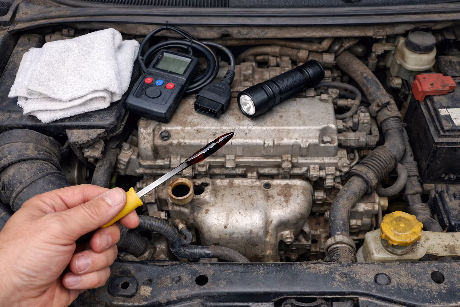 Top-down view of an open engine bay with a hand holding a dipstick showing dark oil next to an OBD-II scanner and flashlight