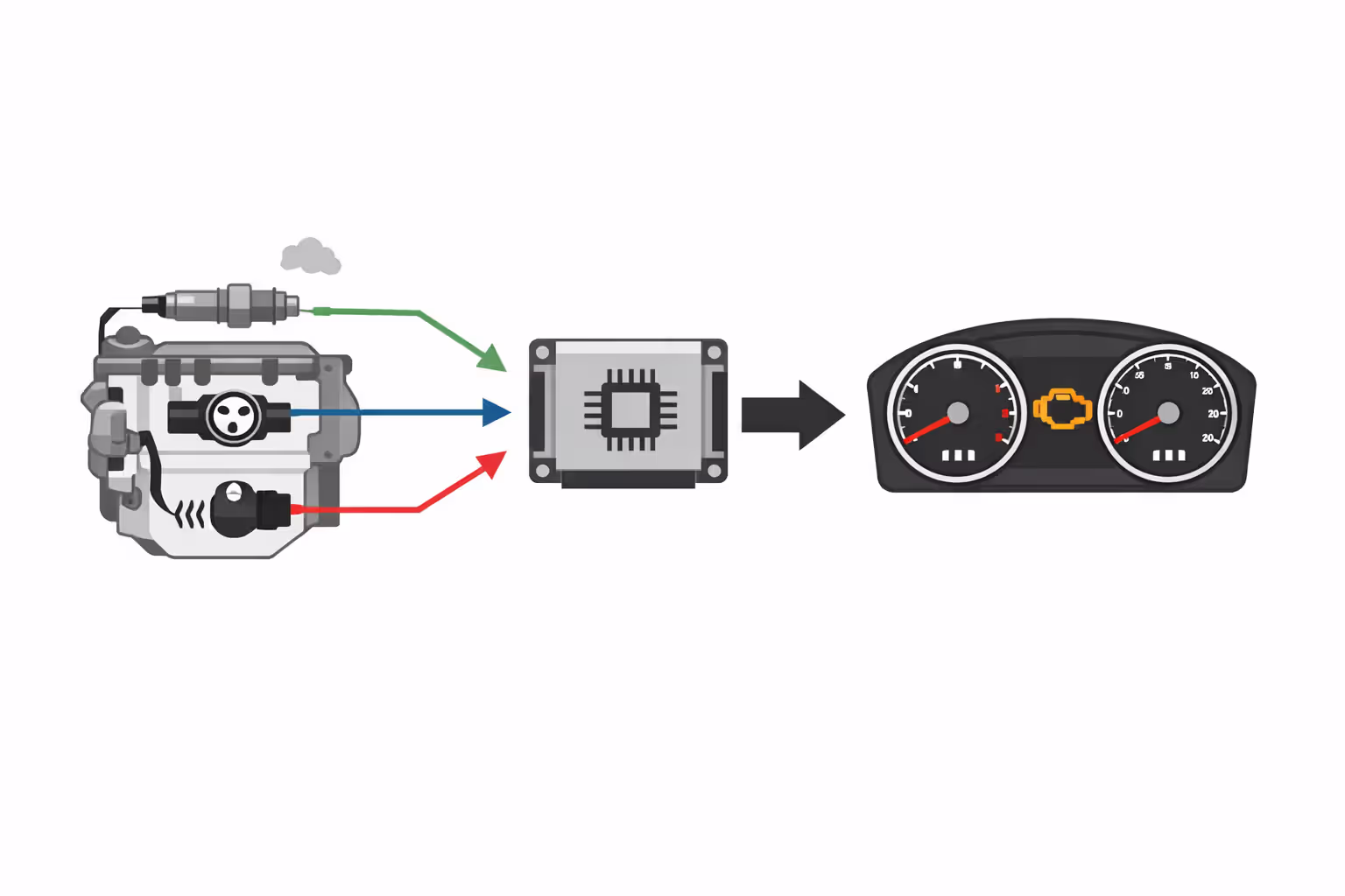Infographic without text showing how OBD-II system works with color-coded engine sensors connected by arrows to ECU module which triggers check engine light on dashboard