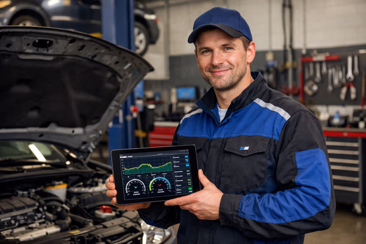 Professional auto technician using advanced diagnostic tablet with live sensor data next to a car with open hood in a modern repair shop