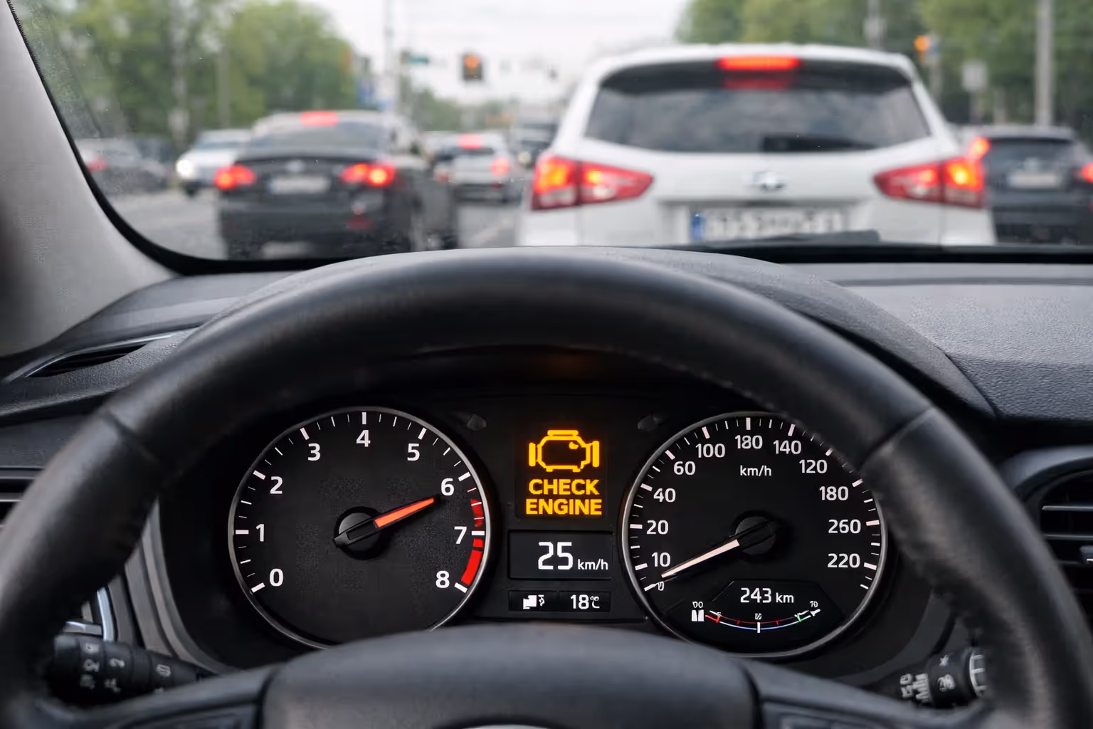 Car dashboard showing illuminated check engine warning light and unstable tachometer needle indicating fuel system problems during city driving