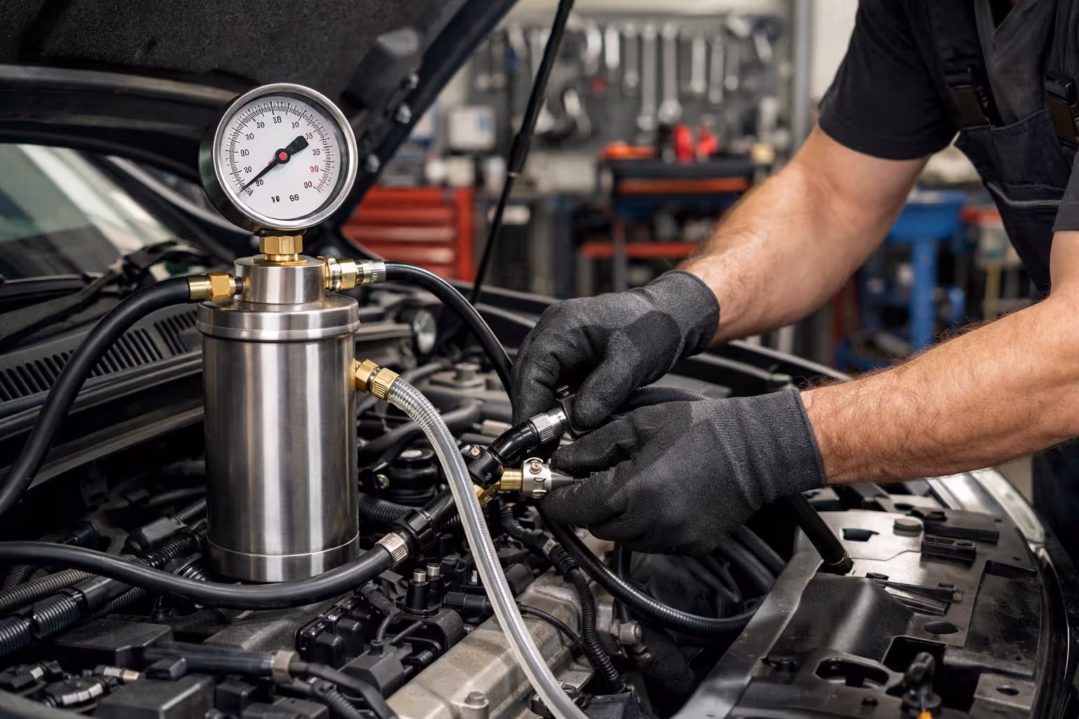 Professional mechanic connecting pressurized fuel system cleaning equipment with pressure gauge to engine fuel rail in an auto repair shop