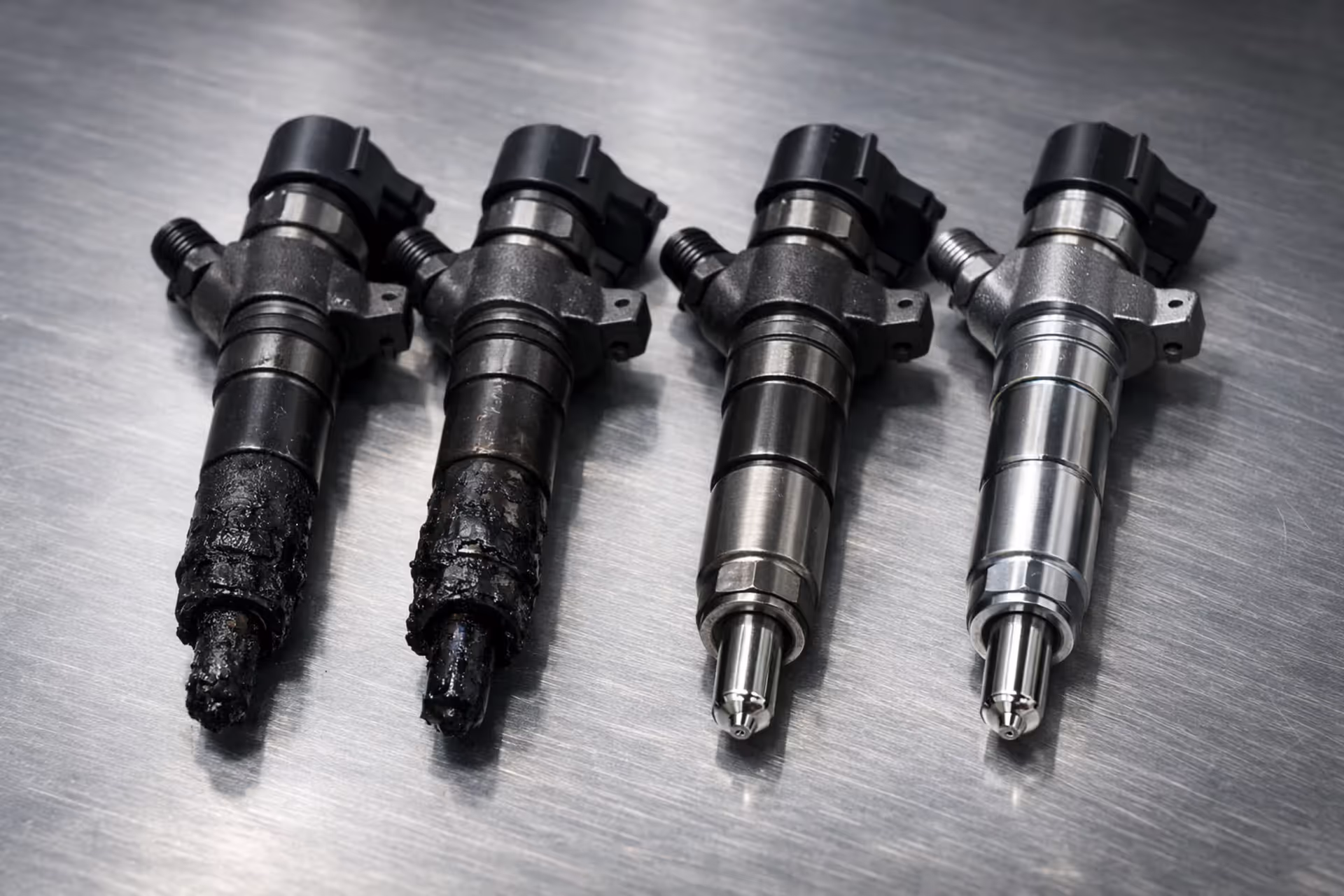 Four fuel injectors on a metal surface — two heavily covered in black carbon deposits and two clean showing before and after fuel system cleaning comparison
