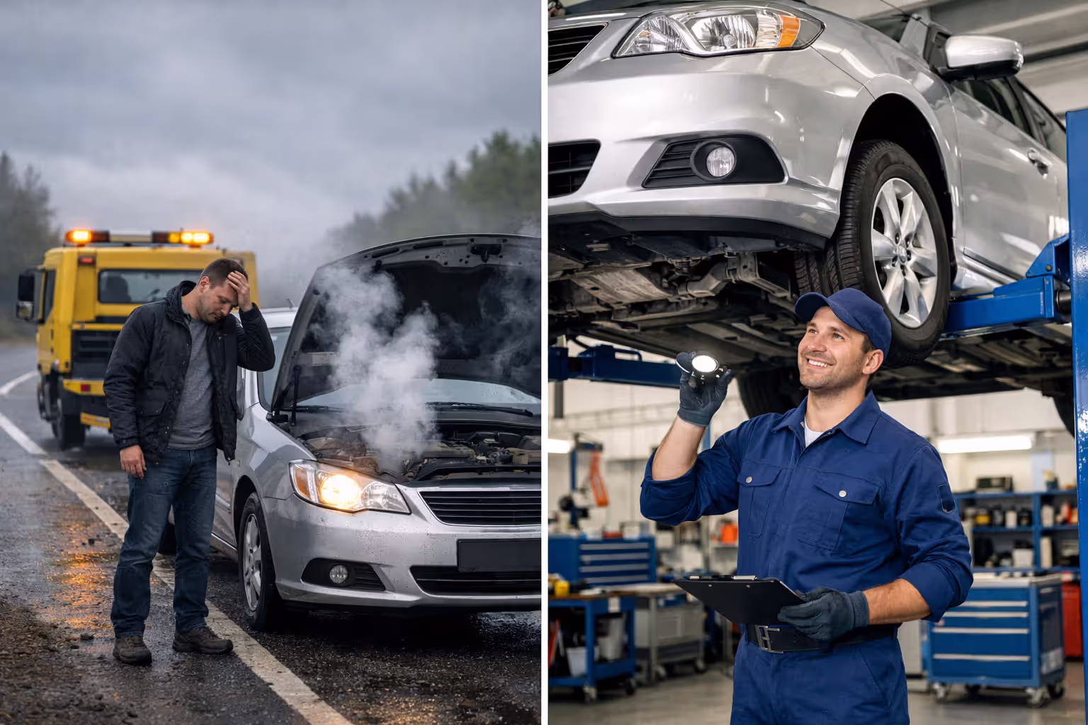 Split comparison showing stressful roadside breakdown versus calm scheduled vehicle maintenance at a professional service shop