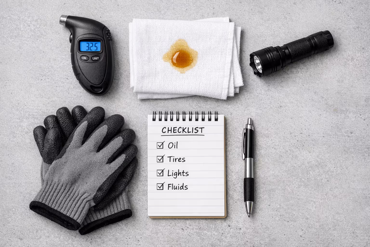 Flat lay of weekly vehicle inspection essentials including tire pressure gauge dipstick rag flashlight and checklist on garage floor
