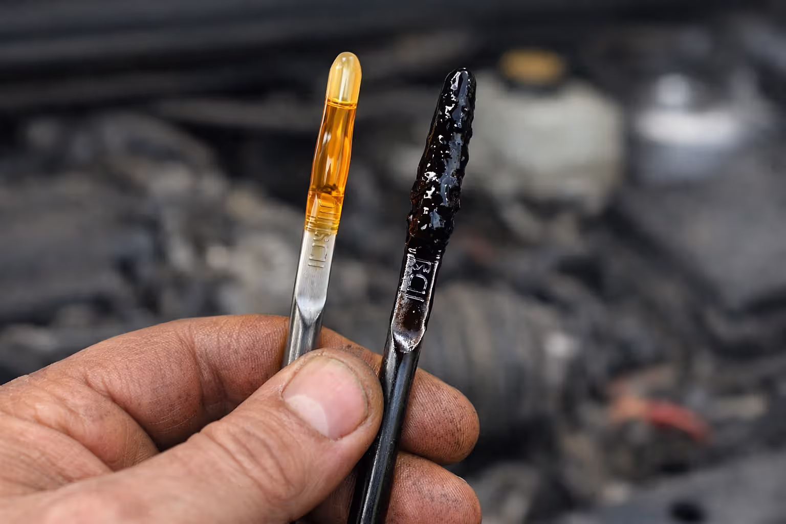 Mechanic hand holding two oil dipsticks comparing clean amber oil versus dark degraded overdue oil in engine bay