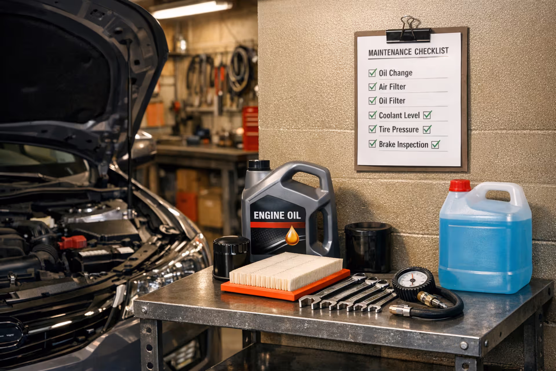 Preventive maintenance checklist setup with open car hood tools oil filter and inspection checklist in a clean garage