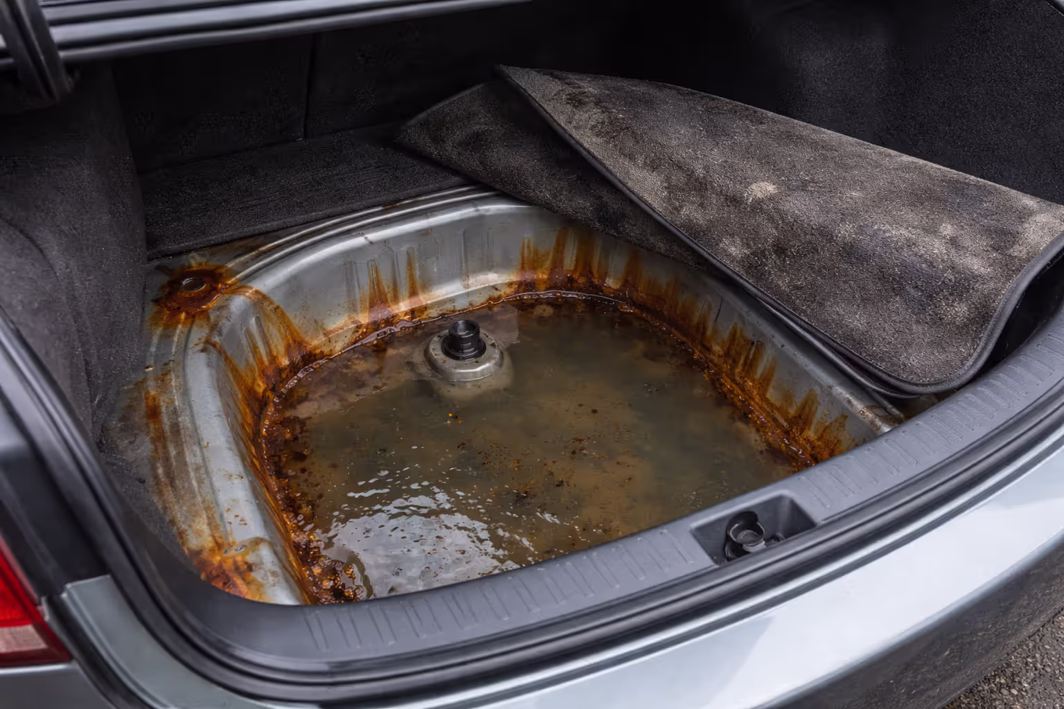 Open car trunk with lifted carpet revealing standing water and rust corrosion spots in the spare tire well and welded seams