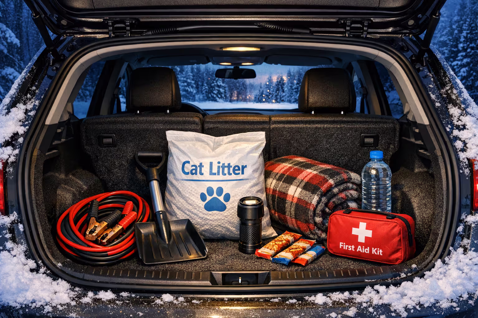 Winter emergency kit laid out in car trunk with jumper cables ice scraper shovel blanket and first aid supplies