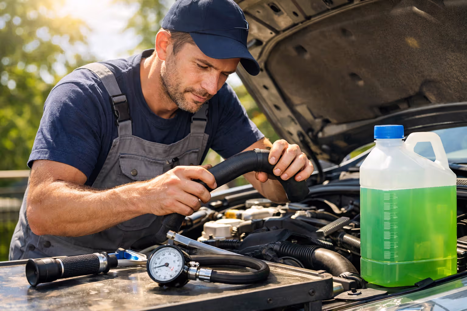 Mechanic inspecting cooling system hose under car hood with refractometer and coolant bottle during summer maintenance