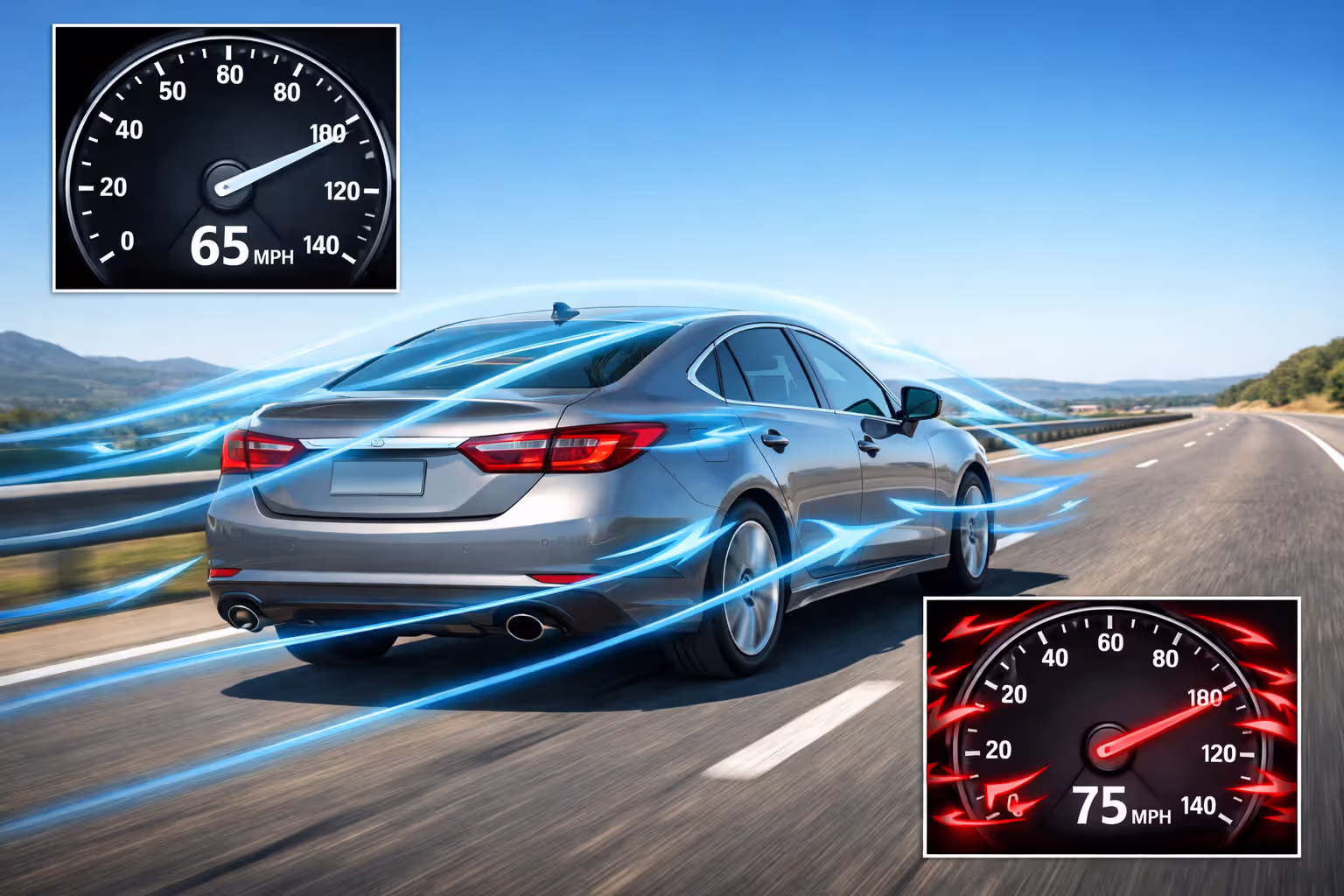 Car cruising at 65 mph on open highway with smooth aerodynamic airflow compared to increased wind drag at 75 mph