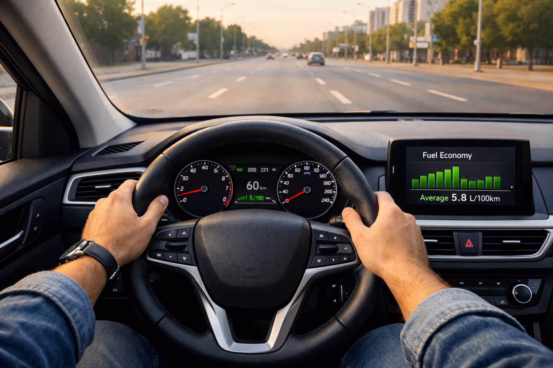 Calm driver hands on steering wheel with fuel economy display on dashboard during smooth city driving