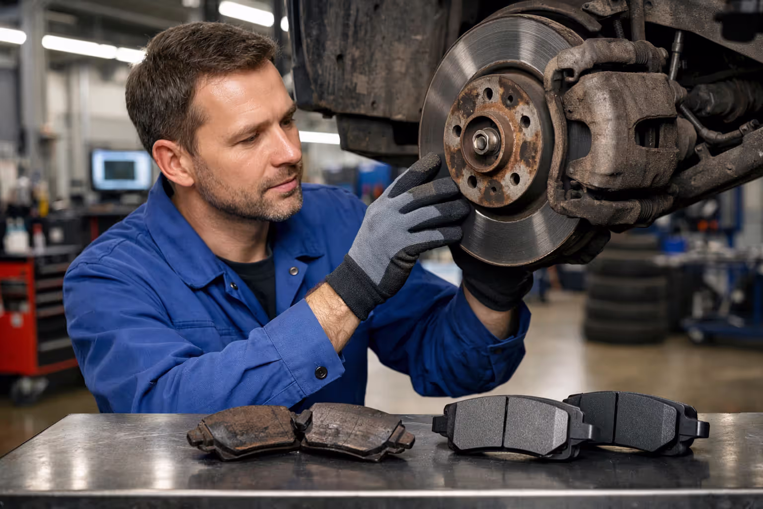 Auto mechanic in blue uniform inspecting worn brake pads and rotor on lifted car in professional garage with new pads nearby for comparison