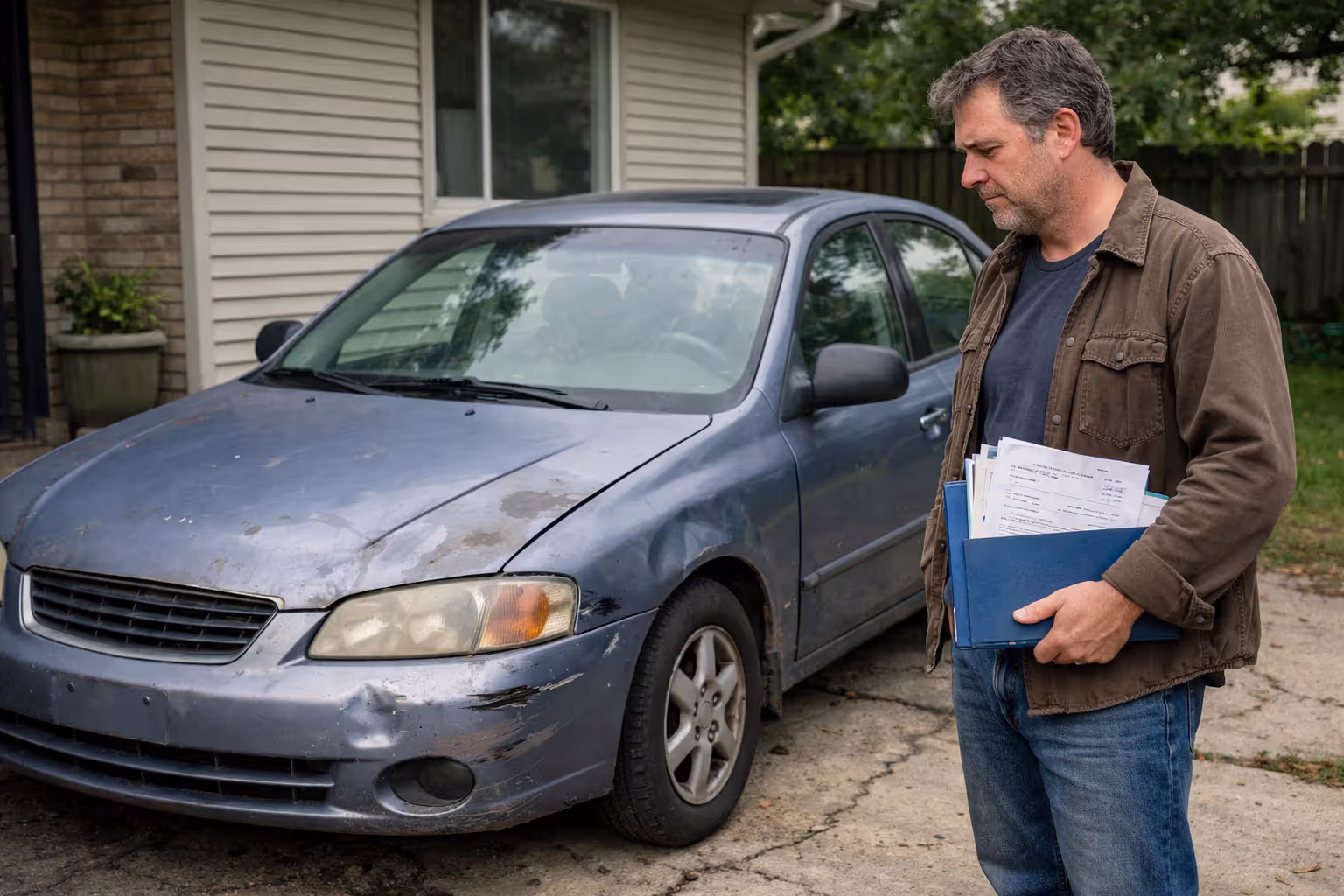 Car owner standing thoughtfully next to aging sedan in driveway holding repair bills and documents deciding whether to keep or replace the vehicle