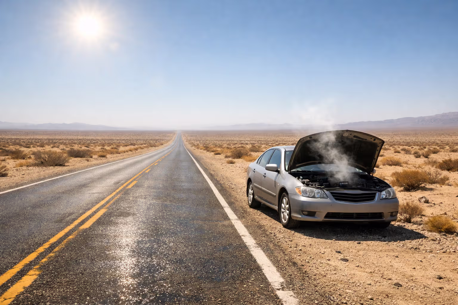 Broken down car with open hood steaming on empty desert highway in extreme heat with no services in sight