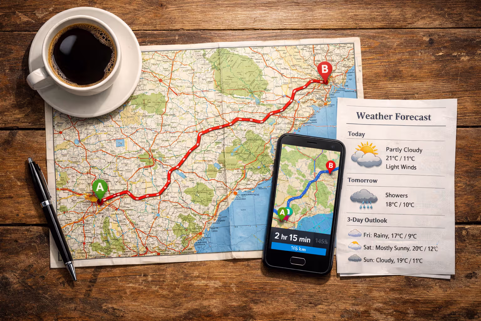 Road trip planning flat lay with paper map marked route smartphone navigation app coffee cup and printed weather forecast on table