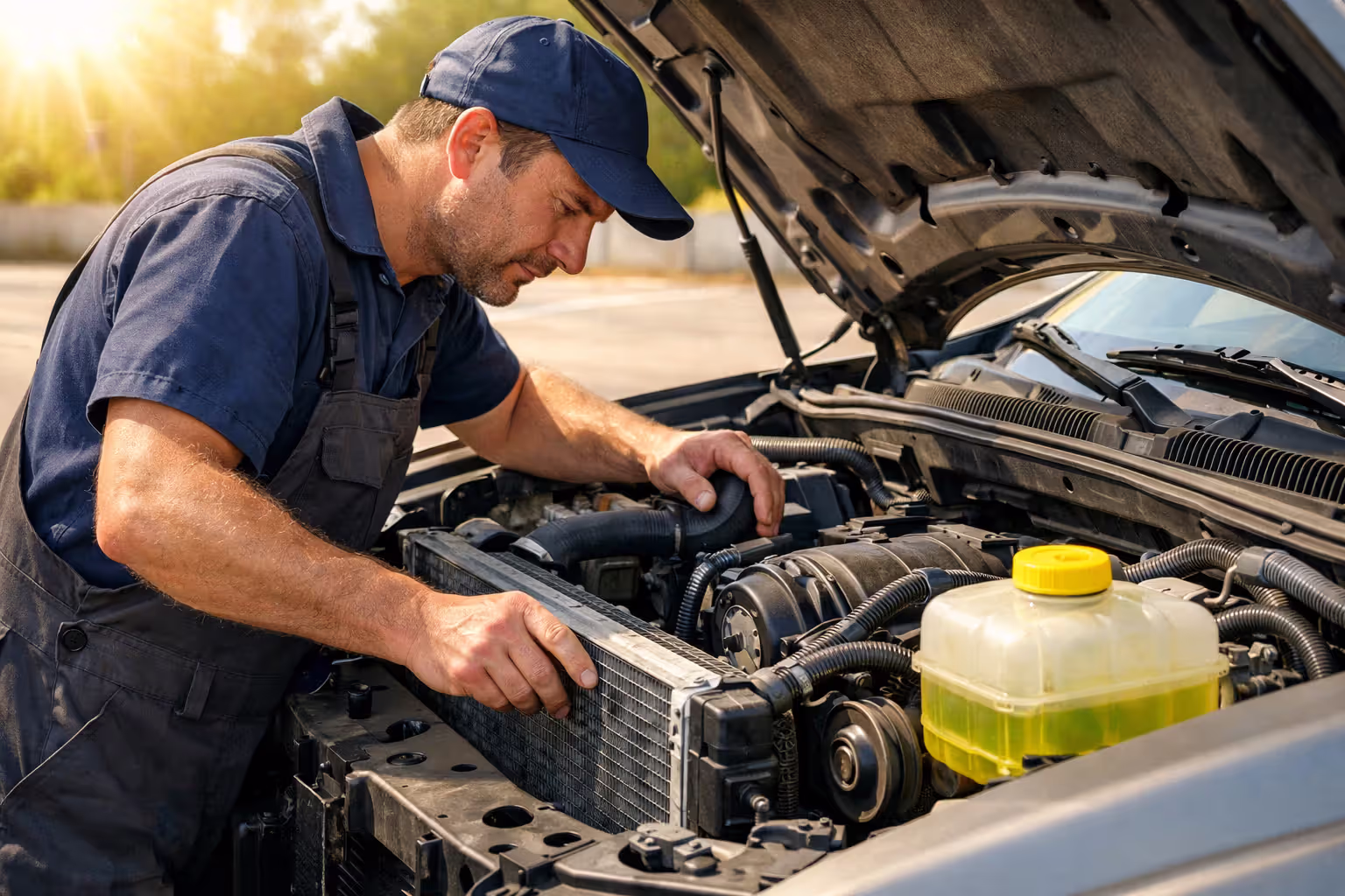 Mechanic inspecting a car cooling system including radiator and hoses on a hot summer day at an auto repair shop