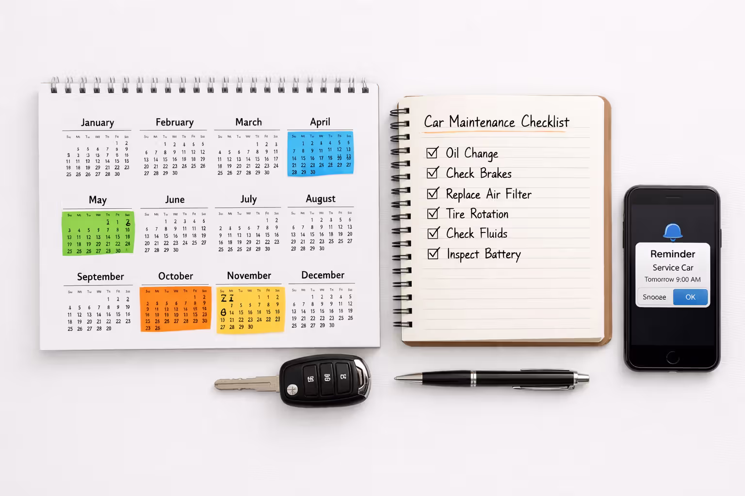 Flat lay of a car maintenance planning calendar with highlighted months, a handwritten checklist notebook, car keys, and a smartphone reminder