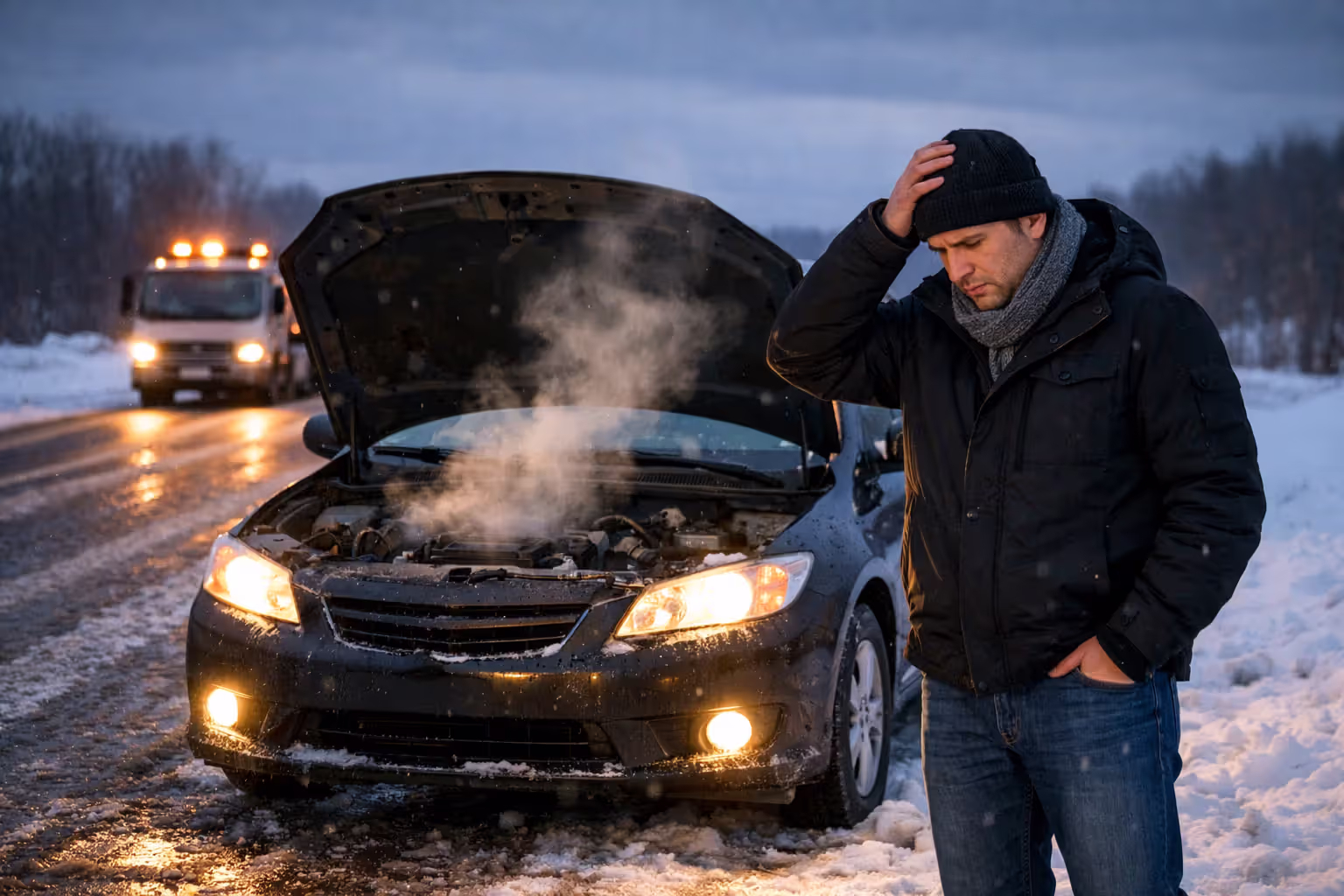 Frustrated driver standing next to a broken-down car with open hood steaming on a snowy winter road with a tow truck approaching