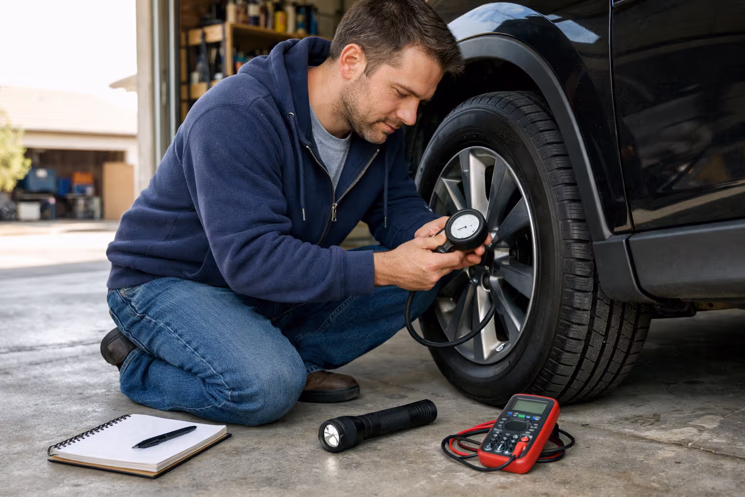 Car owner kneeling beside a front tire checking pressure with a handheld gauge during a monthly stored vehicle inspection in a garage