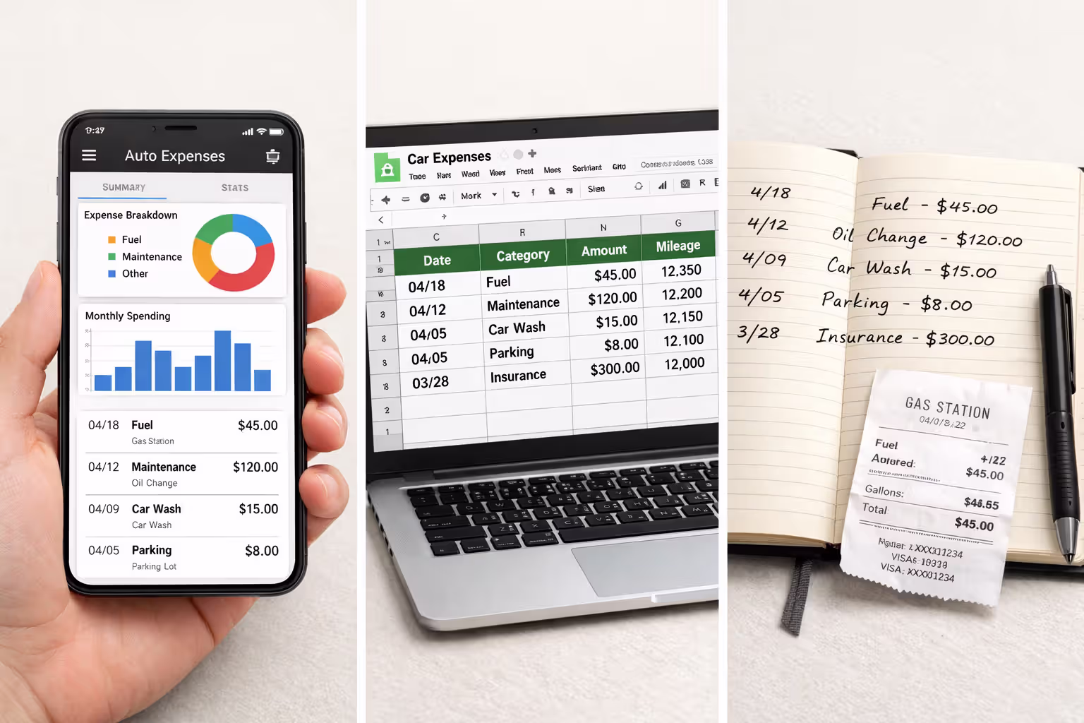 Three-panel comparison showing car expense tracking methods: smartphone app, spreadsheet on laptop, and handwritten paper logbook