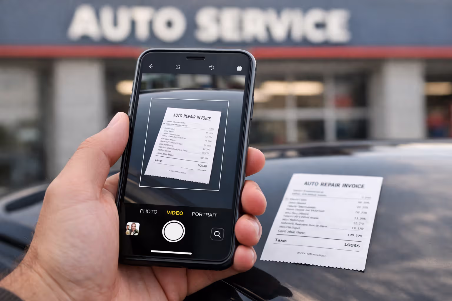 Hand holding smartphone photographing auto repair receipt on car hood with service center in blurred background
