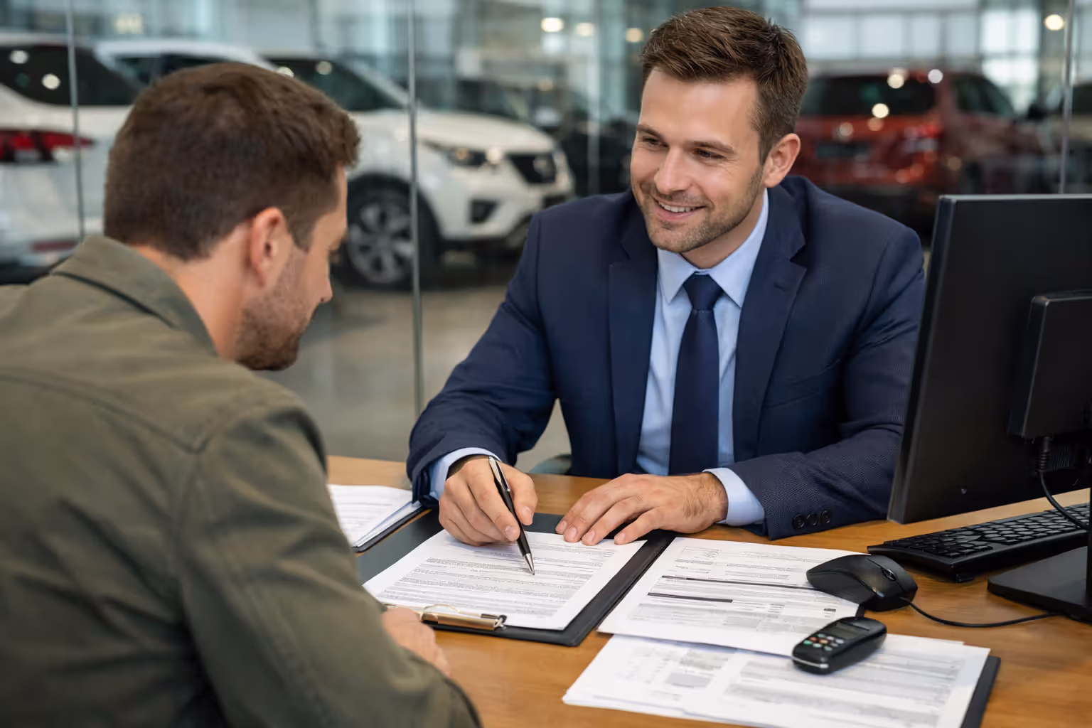 Finance manager at car dealership desk pointing at warranty contract documents with customer sitting across
