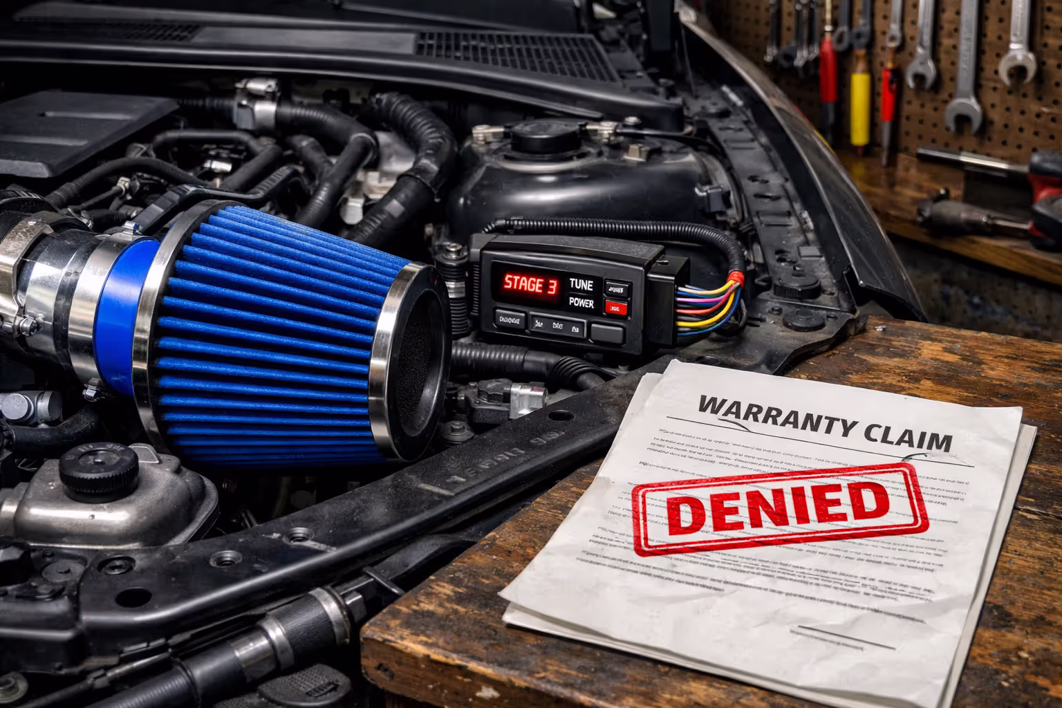Modified car engine with aftermarket cold air intake and performance chip next to warranty document stamped denied