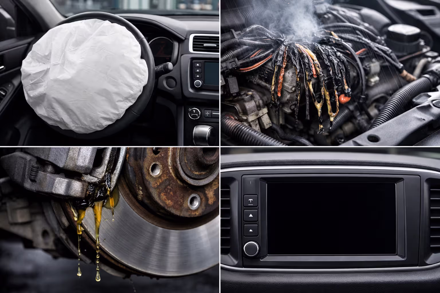 Collage showing four common vehicle safety defects: deployed airbag, melted wiring harness, leaking brake fluid, and blank backup camera screen