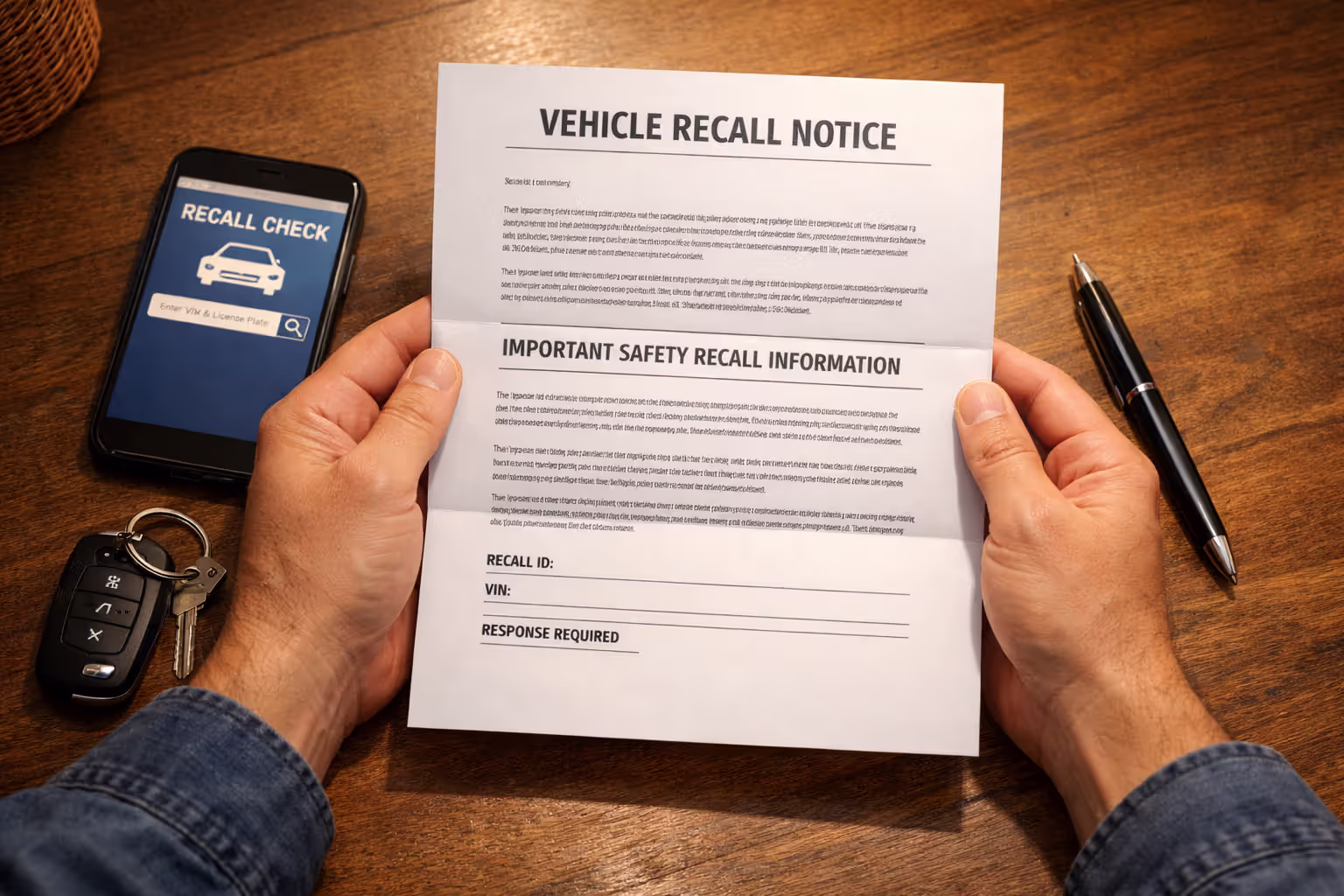 Person holding an official vehicle recall notification letter with a smartphone showing a recall lookup website on the table nearby