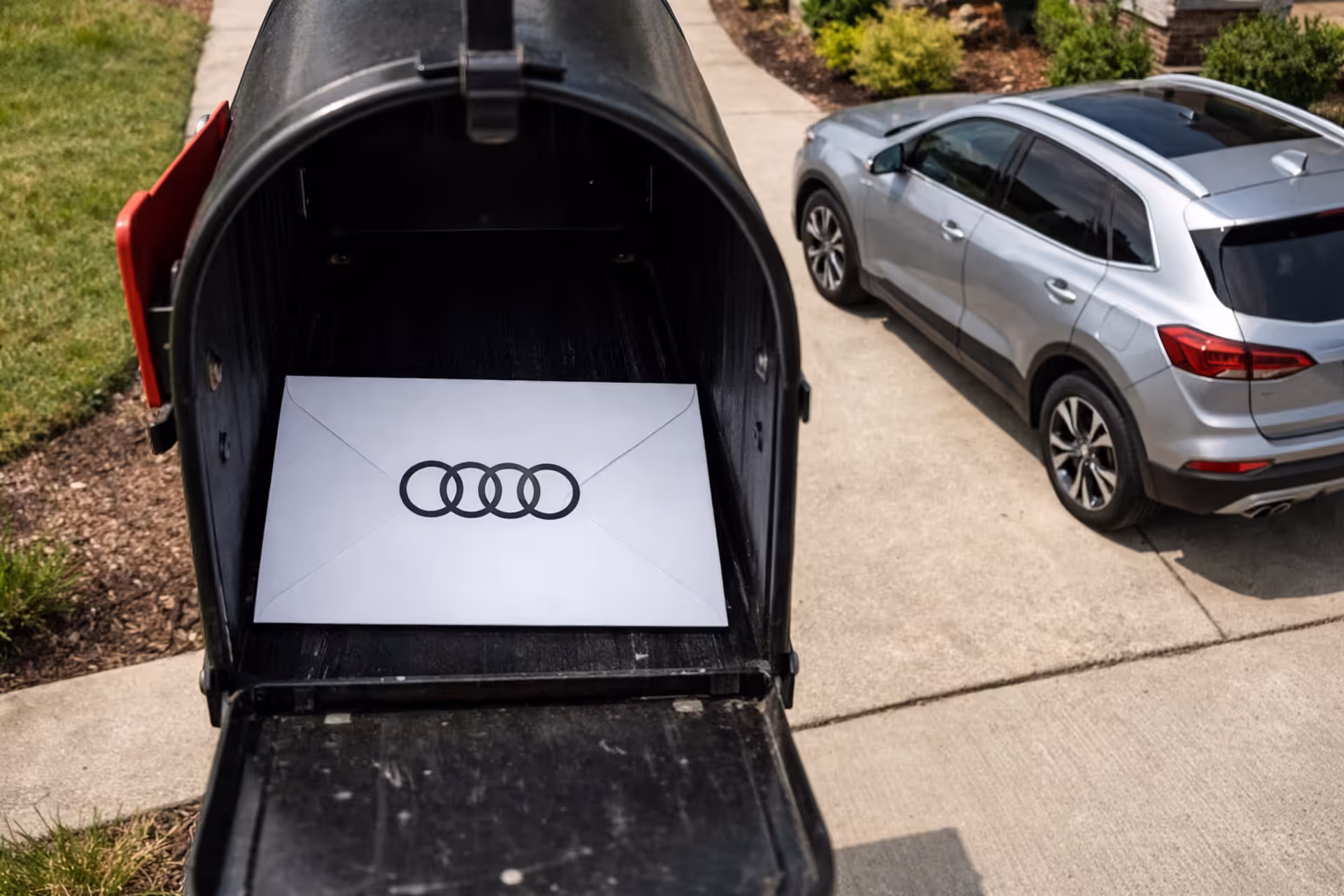 Official vehicle recall notice envelope inside a residential mailbox with a silver crossover SUV parked in the driveway