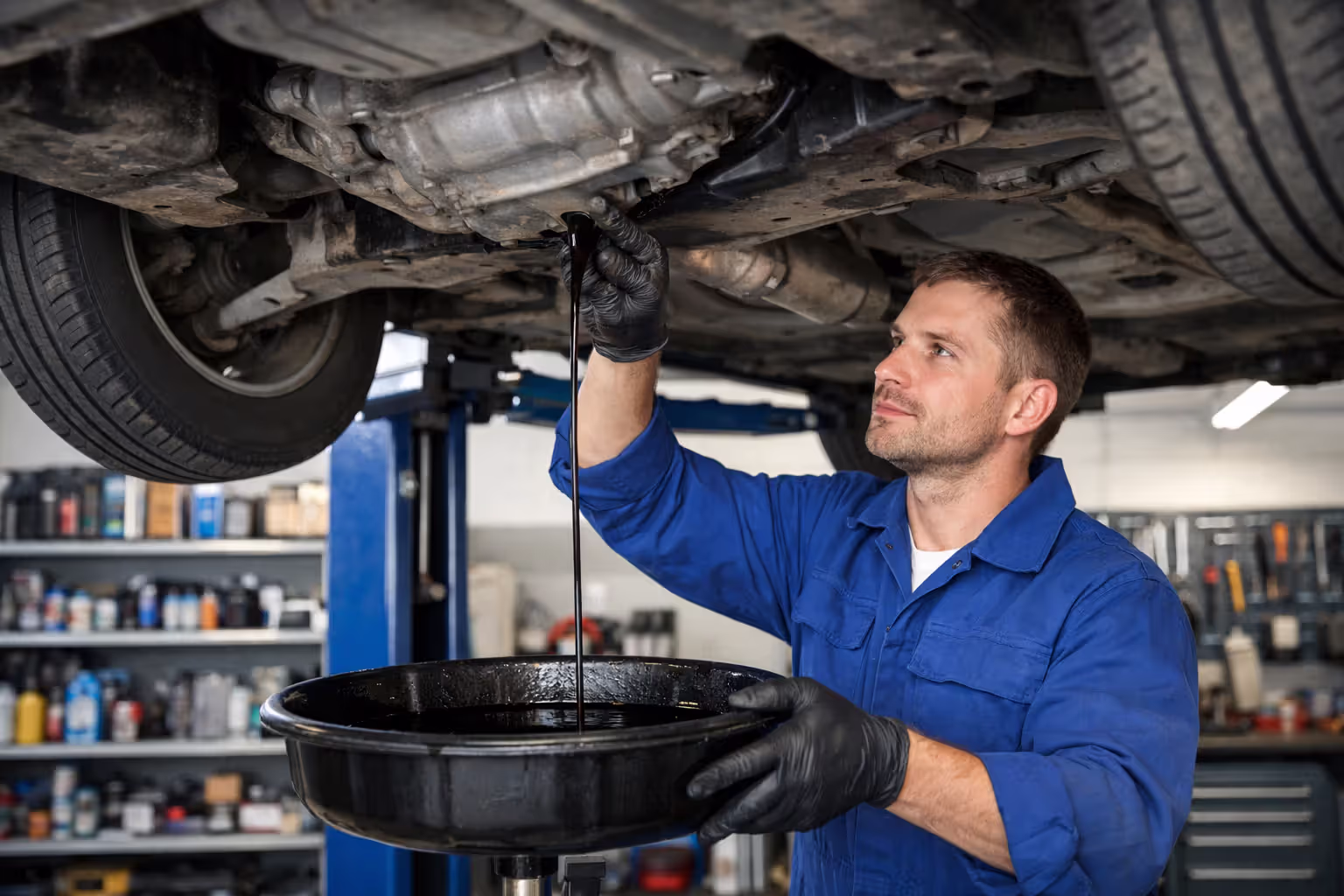 Auto mechanic performing an oil change on a lifted car in a professional repair shop