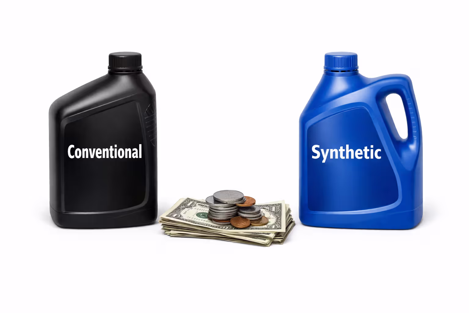 Conventional oil bottle and synthetic oil bottle side by side with stack of dollar bills between them on white background