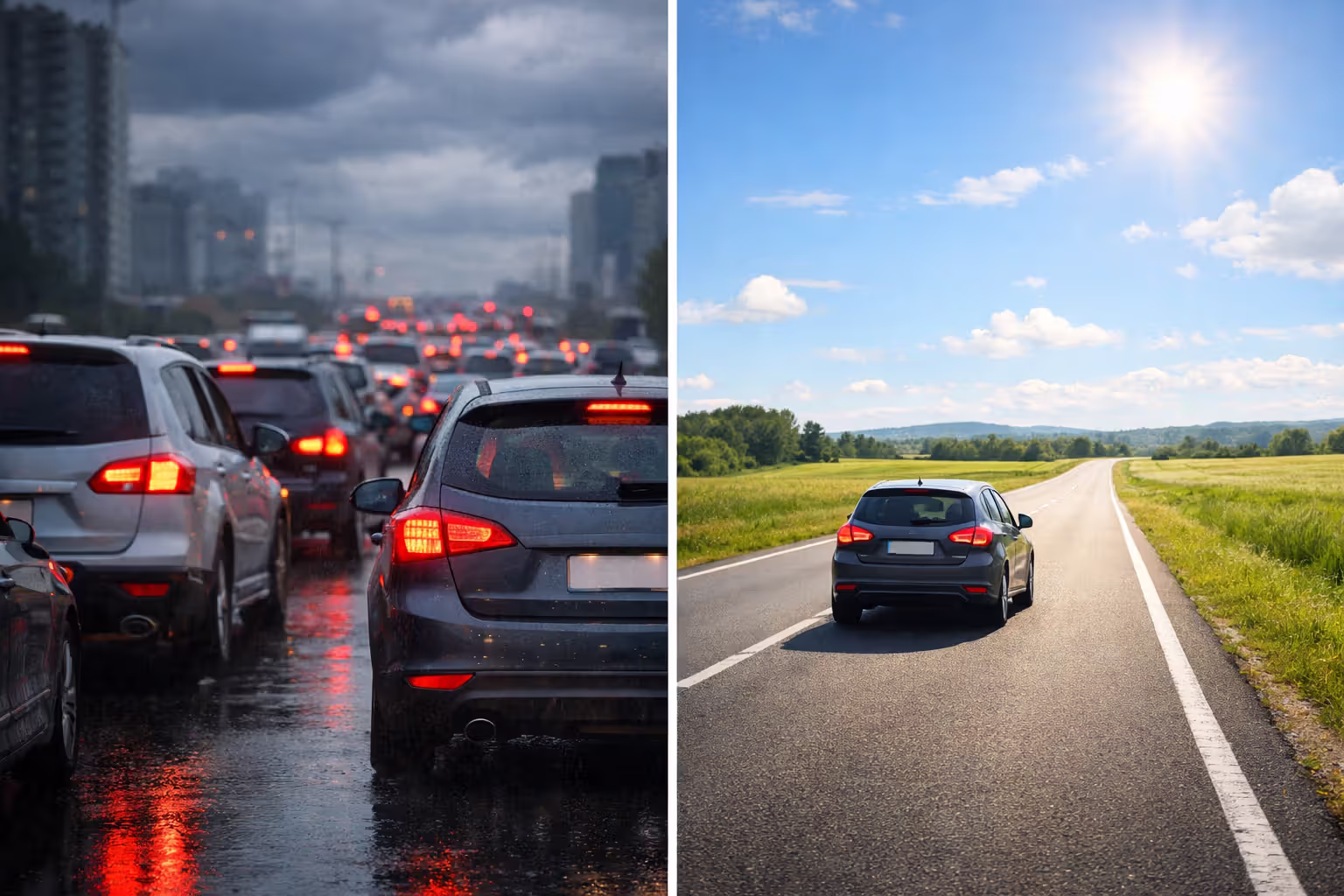 Split image comparing city stop-and-go traffic congestion on left and open highway driving through green countryside on right