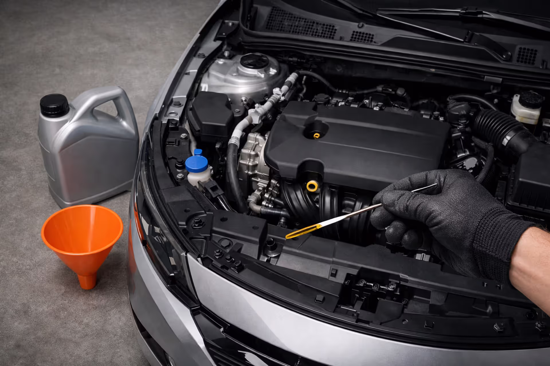 Mechanic hand in black glove holding engine oil dipstick over modern car engine bay with synthetic oil bottle nearby